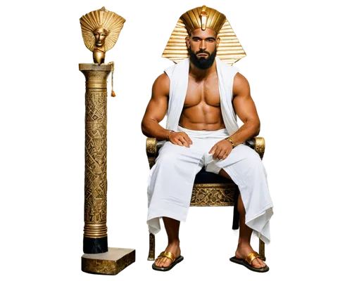 Ancient Egyptian Pharaoh, majestic, golden headdress, thick beard, regal posture, ornate collar, white linen robe, golden sandals, staff in hand, powerful chest, muscular arms, solemn facial expressio