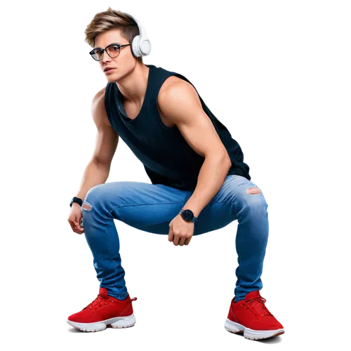 Young male gamer, Fooysteps, e-sports player, cool hairstyle, trendy glasses, white gaming headset, black sleeveless shirt, ripped denim jeans, red sneakers, energetic pose, leaning forward, intense f