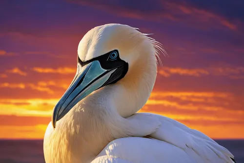 Envision a vibrant sunset: the majestic cape gannet elegantly preening, its feathers illuminated by the golden hues.,northern gannet,cape gannet,eastern white pelican,great white pelican,gannet,white 