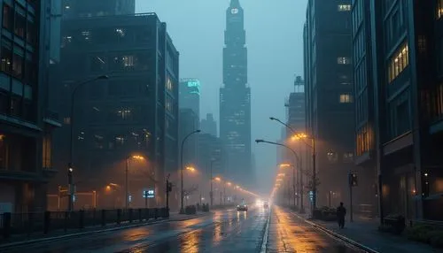 urban landscape, constructivist architecture, skyscraper, metallic materials, angular structures, neon lights, futuristic cityscape, rainy night, foggy atmosphere, dim streetlights, wet pavement refle