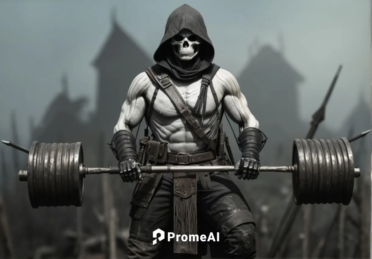 I want literally this image black and white with a skeleton head and 
gym discs on the ends of the bar,a man with a hooded up skeleton face holding a barbell,greyskull,skeletor,deadlift,corvo,danzig,c