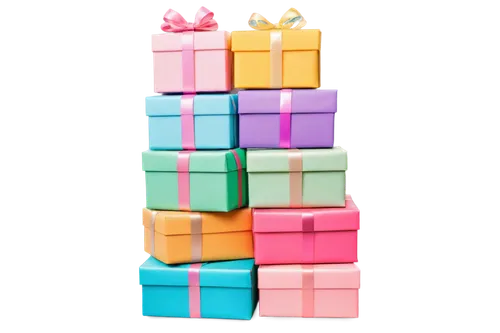 Colorful presents, stacked, gifts, ribbons, bows, shiny wrapping paper, curled edges, soft focus, warm lighting, 3/4 composition, pastel colors, festive atmosphere, transparent background, PNG format.