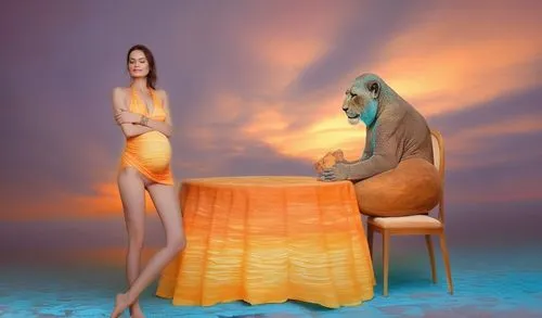 Beautiful pregnancy young womaan full nude very exotic and misty skyll ,a woman is sitting at a table while a stuffed bear looks on,tablecloths,tablecloth,orange,photomanipulation,orange robes,photo m