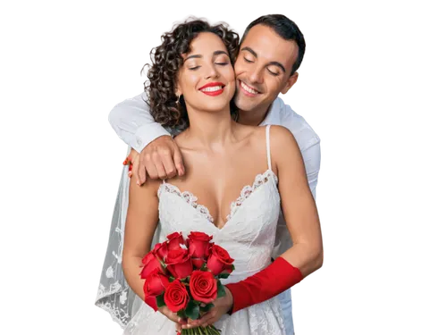 Happy Valentine's Day, Spanish-style couple, embracing, romantic, 30s, beautiful detailed eyes, bright red lipstick, curly dark hair, elegant necklace, white lace dress, red rose bouquet, holding hand