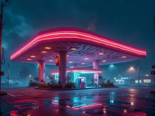 Postmodern gas station, futuristic, neon lights, curved lines, irregular shapes, reflective surfaces, bold colors, abstract patterns, urban landscape, cityscape, metropolitan, bustling streets, night 