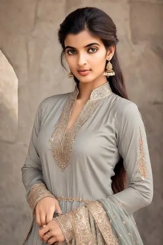 an indian woman wearing grey and gold outfit,sonam,raveena,madhumita,mahira,kurti,malalas,Photography,Realistic