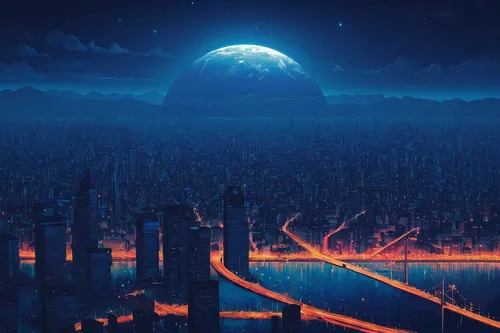 cityscape,metropolis,futuristic landscape,tokyo city,lunar landscape,shinjuku,fantasy city,tokyo,lunar,city at night,city skyline,earth rise,world digital painting,new world,dream world,scifi,sci fiction illustration,odaiba,nightscape,alien world,Conceptual Art,Fantasy,Fantasy 32