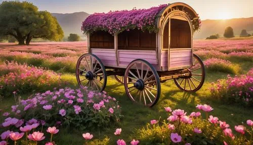 flower cart,wooden carriage,flower car,covered wagon,carriage,wooden wagon,Photography,General,Realistic