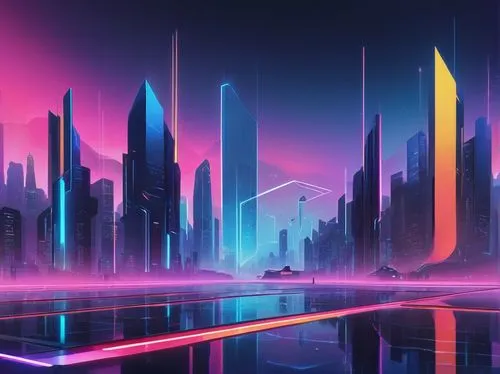 futuristic landscape,cybercity,colorful city,cityscape,cybertown,cyberworld,fantasy city,neon arrows,futurist,cyberport,cyberia,futuristic,cyberpunk,city skyline,cyberscene,metropolis,synth,80's design,polara,coruscant,Illustration,Vector,Vector 07