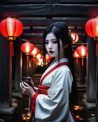 geisha,geisha girl,fushimi inari shrine,red lantern,katana,japanese woman,mukimono,mulan,fushimi inari-taisha shrine,tsukemono,oriental girl,japanese culture,beautiful girls with katana,asian costume,kitsune,japanese lantern,shinto,lantern,senso-ji,kyoto,Illustration,Paper based,Paper Based 28