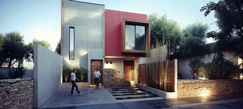 a man walking towards a modern house in the city,prefab,piramal,frame house,dreamhouse,modern house,inmobiliaria