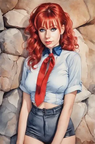 watercolor pin up,pin-up girl,asuka langley soryu,retro pin up girl,valentine pin up,redhead doll,Digital Art,Watercolor