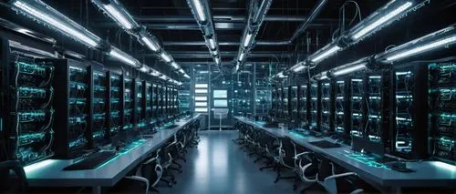 Computer organization design and architecture, modern laboratory setting, futuristic interior, sleek metal framework, rows of computer racks, blinking LED lights, complex circuit boards, wires and cab