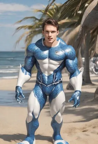 A mistake at the beach.

The guy became blue and white shark, a vinyl muscle  toy. The character has an athletic body with webbed paws, blue fins, and a tail. The body of character is made of a vinyl 