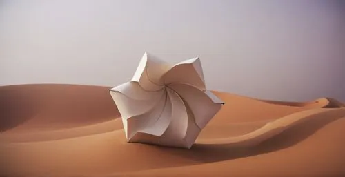 to have a tend in the middle of the sahara using image of the flower shaped origami,an image of an origami paper sculpture on a dune,desert flower,admer dune,folded paper,libyan desert,sand dune,sand 