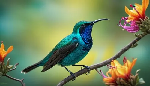 Turquoise sunbird, perched, bright turquoise feathers, yellow belly, long curved beak, shiny black eyes, tiny legs, delicate wings, sitting, tropical flower branch, exotic leaves, warm sunlight, soft 