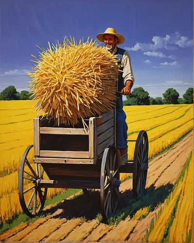 Compose a lighthearted poem about a joyful farmer who creates amazing sculptures using straw carts as his medium of choice.,straw cart,straw carts,straw harvest,threshing,grain harvest,bale cart,hayma