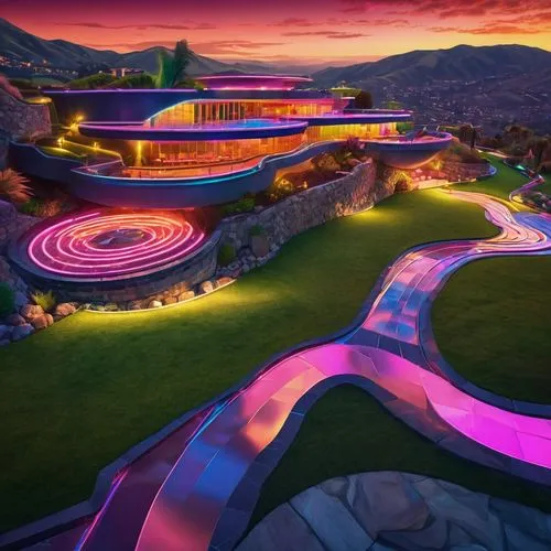 futuristic art museum,danxia,futuristic landscape,futuristic architecture,colorful spiral,emp,amphitheater,futuristic,pizazz,hypermodern,colorful light,mini golf course,ordos,ecotopia,getty,neon cocktails,purple landscape,teacups,imaginationland,colored lights,Illustration,Realistic Fantasy,Realistic Fantasy 38