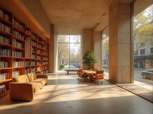 Modern urban library, interior design, sandstone material, warm beige color, rough texture, natural ambiance, floor-to-ceiling shelves, wooden bookcases, comfortable reading nooks, cozy atmosphere, so