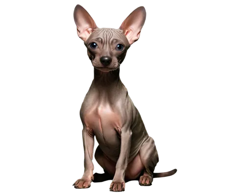 Tepezcuintle dog, Mexican hairless dog, rare breed, wrinkled skin, erect ears, almond-shaped eyes, dark nose, slender body, short tail, sitting, solo, studio background, softbox lighting, high contras