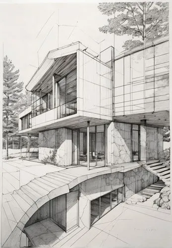 a black and white drawing of some houses,revit,renderings,house drawing,sketchup,neutra,cantilevers,Unique,Design,Blueprint