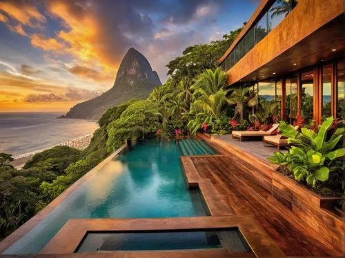 Lush tropical landscape, Brazilian modernist architecture, sleek lines, vibrant colors, curved shapes, exotic plants, palm trees, bougainvillea, hibiscus, birds of paradise, stunning ocean views, infi