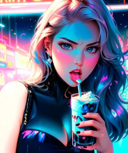 kate upton drinking milk shake, neon lights, cleavage,a woman in a black outfit is drinking a drink,neon drinks,neon coffee,neon light drinks,neon light,neon tea,neon lights,Anime,Anime,General