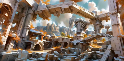 3d fantasy,ice castle,hall of the fallen,fractal environment,ruins,fantasy city,ancient city,columns,fantasy landscape,ruin,cathedral,pillars,gaudí,white temple,gold castle,panoramical,mandelbulb,fractalius,metropolis,mausoleum ruins