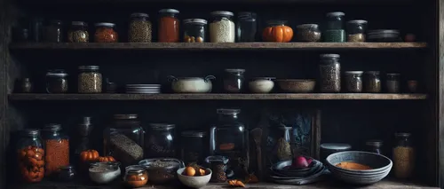 Write a spooky story set in a pantry filled with mysterious ingredients.,apothecary,pantry,cupboard,kitchenware,candlemaker,empty shelf,vintage kitchen,kitchen shop,kitchen tools,stoneware,a drawer,ki