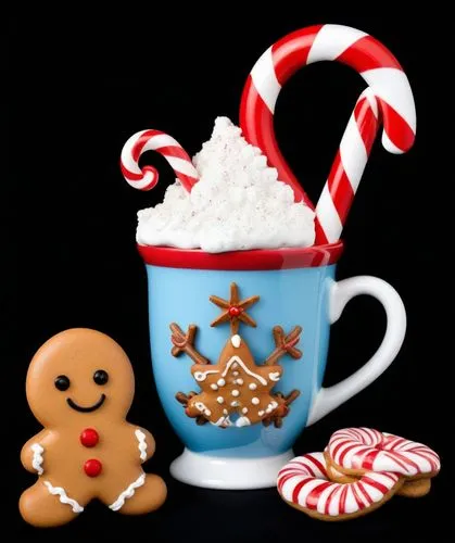 a  chocolate mug with marshmallows and a gingerbread slice,gingerbread cup,cup of cocoa,santa mug,christmas sweets,christmas motif,christmas items