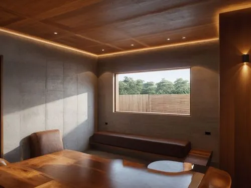 a modern dining area, with a 8 seating wooden dining table,a wooden table sitting underneath a large window in a room,japanese-style room,concrete ceiling,corten steel,paneling,dining room,wood casewo