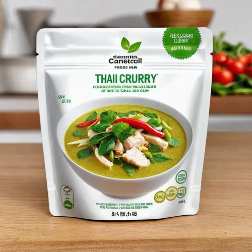 pouch of 'Tastify' branded product placed on a white shelf against a white wall, front view. stund-pouch displaying an image of a  bowl of "Thai Green Curry". The curry appears rich and has garnishes 