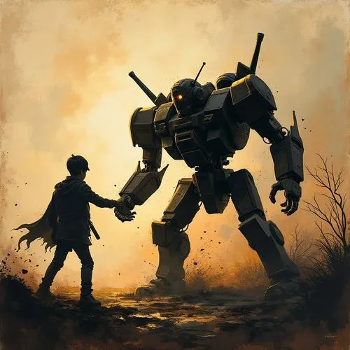 Silhouette of a anime robot fighting a monster, modern European ink painting, steampunk background, ink stains, on a battlefield, vintage, glow, awesome great composition, old vintage crumpled paper,t