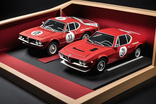 Create an exhilarating race between two Alfa Romeo Montreal cars.,model cars,diecast,lancia 037,miniature cars,datsun/nissan z-car,model car,3d car model,matchbox car,weineck cobra limited edition,mod