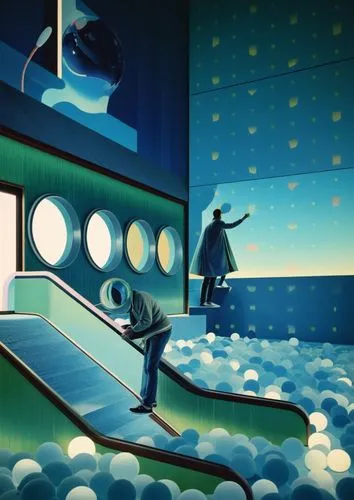 a man is on an escalator that looks like soing out of space,cartoon video game background,sky space concept,jetsons,ufo interior,spaceship interior,skyways,Photography,Documentary Photography,Document