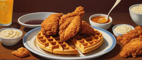 chicken fingers,western food,chicken strips,fried chicken fingers,american food,fried food,outback steakhouse,breakfast plate,kawaii food,crispy house,waffles,viennese cuisine,food icons,fried chicken,dutch cuisine,waffle,chicken tenders,southern cooking,southwestern united states food,kids' meal,Illustration,Retro,Retro 16