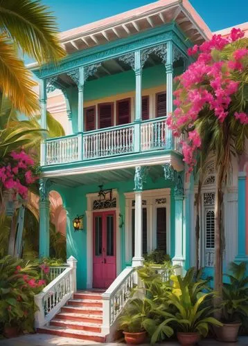 Key West style architecture, pastel-colored building, ornate wooden door, intricate ironwork balcony, white columns, decorative shutters, lush greenery, palm trees, tropical flowers, vibrant bougainvi