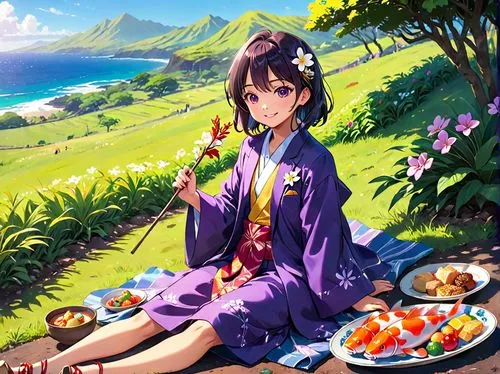 A majestic jolly koi jolly sits cross-legged on a quiet hillside, surrounded by other traditional Hawaiian dishes. Pedestrians take pictures while wearing colorful robes and holding sticks. The sky ab