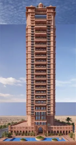 it is a Residential skyscraper with elevation feature of haveli,a tall building is standing on top of a building in an desert,largest hotel in dubai,rotana,habtoor,tallest hotel dubai,nakheel,hiranand