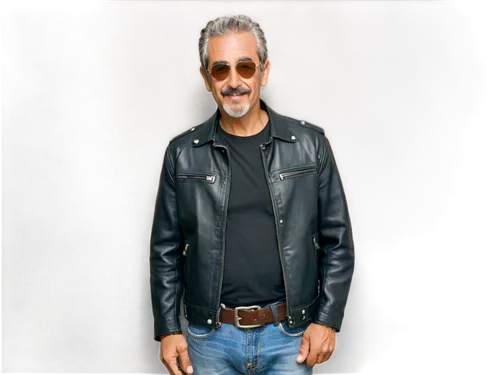 Older man, sexy, mature, gray hair, mustache, beard, sunglasses, leather jacket, black shirt, denim jeans, belt buckle, silver watch, confident pose, leaning against wall, 3/4 composition, shallow dep