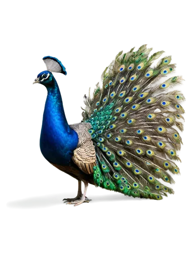 Peacock bird, majestic pose, vibrant blue and green plumage, intricate eye pattern, delicate feathers, long neck, proud chest, spread tail, standing, morning sunlight, soft focus, shallow depth of fie