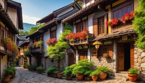 Traditional folk village, wooden houses with steeply pitched roofs, colorful shutters, flower-patterned curtains, stone-paved streets, lanterns hung from eaves, vibrant blooming flowers in window boxe