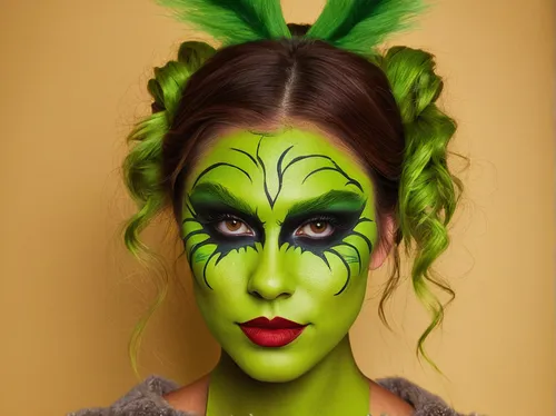 Devise an elegant Grinch-inspired face paint for a holiday masquerade party.,grinch,wicked witch of the west,granny smith,neon makeup,green apple,green skin,lime,celery,halloween frankenstein,celery s