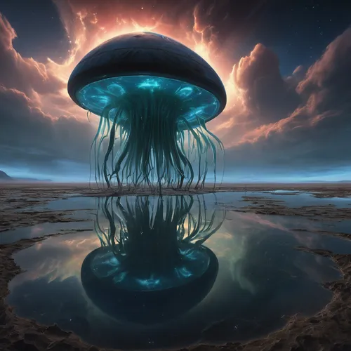 mushroom landscape,blue mushroom,jellyfish,cnidaria,lion's mane jellyfish,alien world,cloud mushroom,alien planet,mushroom island,mushroom cloud,tree mushroom,jellyfish collage,mushroom,anti-cancer mushroom,sea jellies,lingzhi mushroom,bioluminescence,apophysis,mushroom type,situation mushroom,Conceptual Art,Fantasy,Fantasy 01