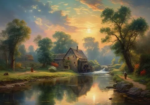 fantasy landscape,home landscape,landscape background,fantasy picture,rural landscape,river landscape,idyll,summer cottage,meadow landscape,water mill,forest landscape,farm landscape,nature landscape,autumn landscape,fantasy art,beautiful landscape,dutch landscape,idyllic,house in the forest,landscape,Conceptual Art,Fantasy,Fantasy 05