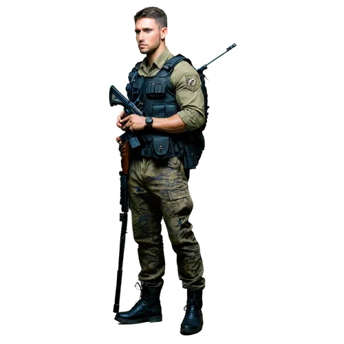 Muscular man, military uniform, camouflage pants, black boots, strong jawline, short hair, serious facial expression, holding rifle, standing pose, heroic atmosphere, warm lighting, shallow depth of f