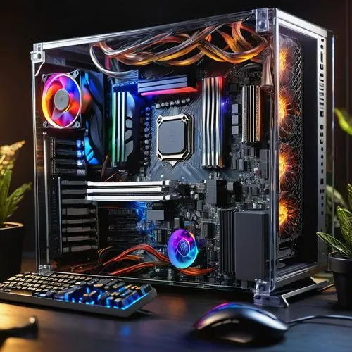 Computer, desktop, wooden table, messy cables, keyboard, mouse, CPU, motherboard, RAM, GPU, cooling fan, circuit board, wires, screws, metal casing, sleek design, modern interior, office background, w