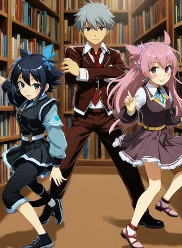 a group of anime friends standing around in front of bookshelves,baka,opabunmi,biblioteka,introvigne,akkarin,kinokuniya