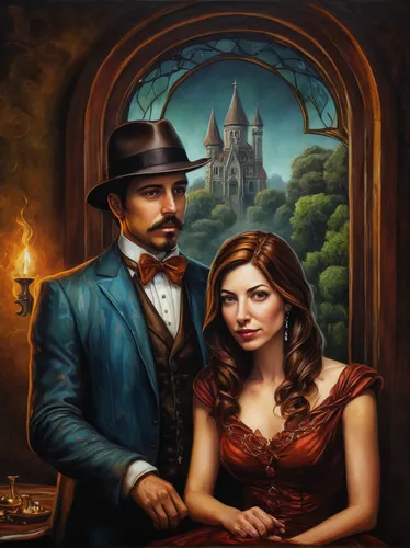 romantic portrait,gothic portrait,clue and white,fantasy portrait,fantasy picture,vintage man and woman,fantasy art,magic castle,young couple,man and wife,beautiful couple,game illustration,victorian style,roaring twenties couple,wedding couple,fairy tale icons,gentleman icons,custom portrait,two people,portrait background,Illustration,Realistic Fantasy,Realistic Fantasy 34