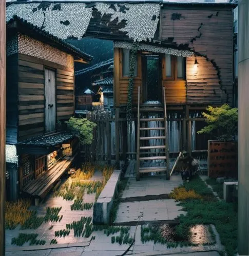 wooden houses,lonely house,small house,boardinghouses,little house,wooden hut,wooden house,small cabin,alley,ryokan,cabane,alleyway,korean village snow,rustic aesthetic,township,slum,kazoku,night scene,izakaya,butka,Art,Artistic Painting,Artistic Painting 09